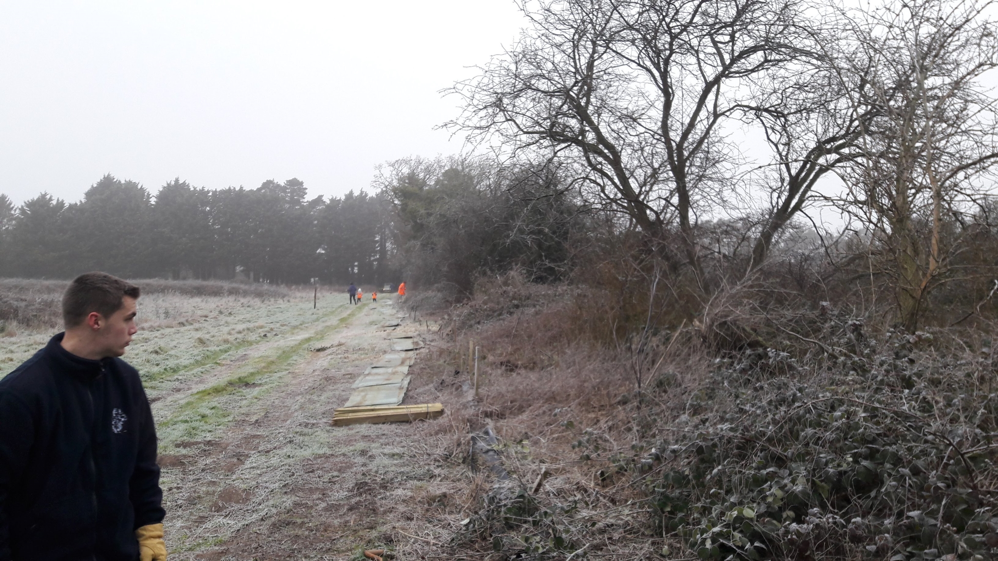 A photo from the FoTF Conservation Event - January 2018 - Erecting the Toad Fence at Cranwich : Sections of the fence lay down on the ground, with a volunteer in the foreground