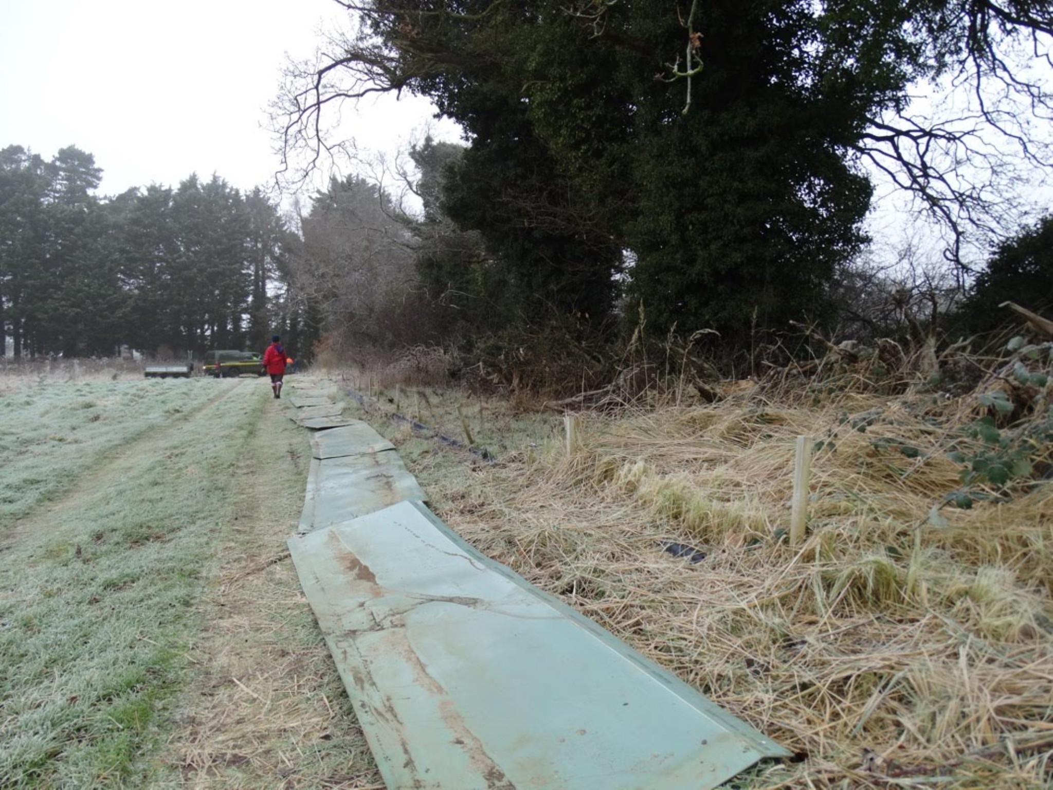 A photo from the FoTF Conservation Event - January 2018 - Erecting the Toad Fence at Cranwich : Sections of the fence lay down on the ground