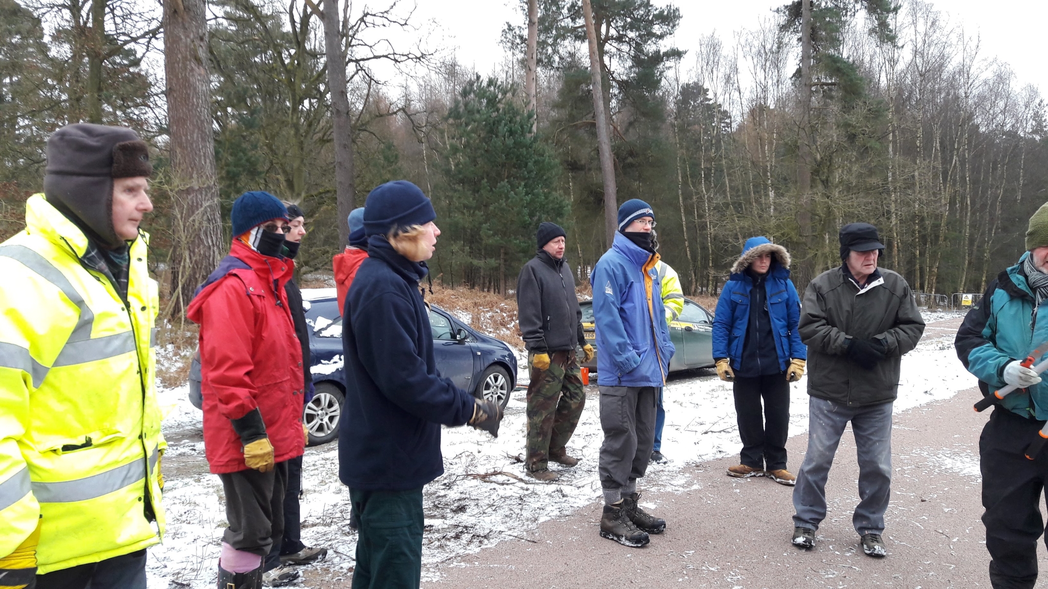 A photo from the FoTF Conservation Event - March 2018 - Birch Coppicing at High Lodge : Volunteers gather for a briefing