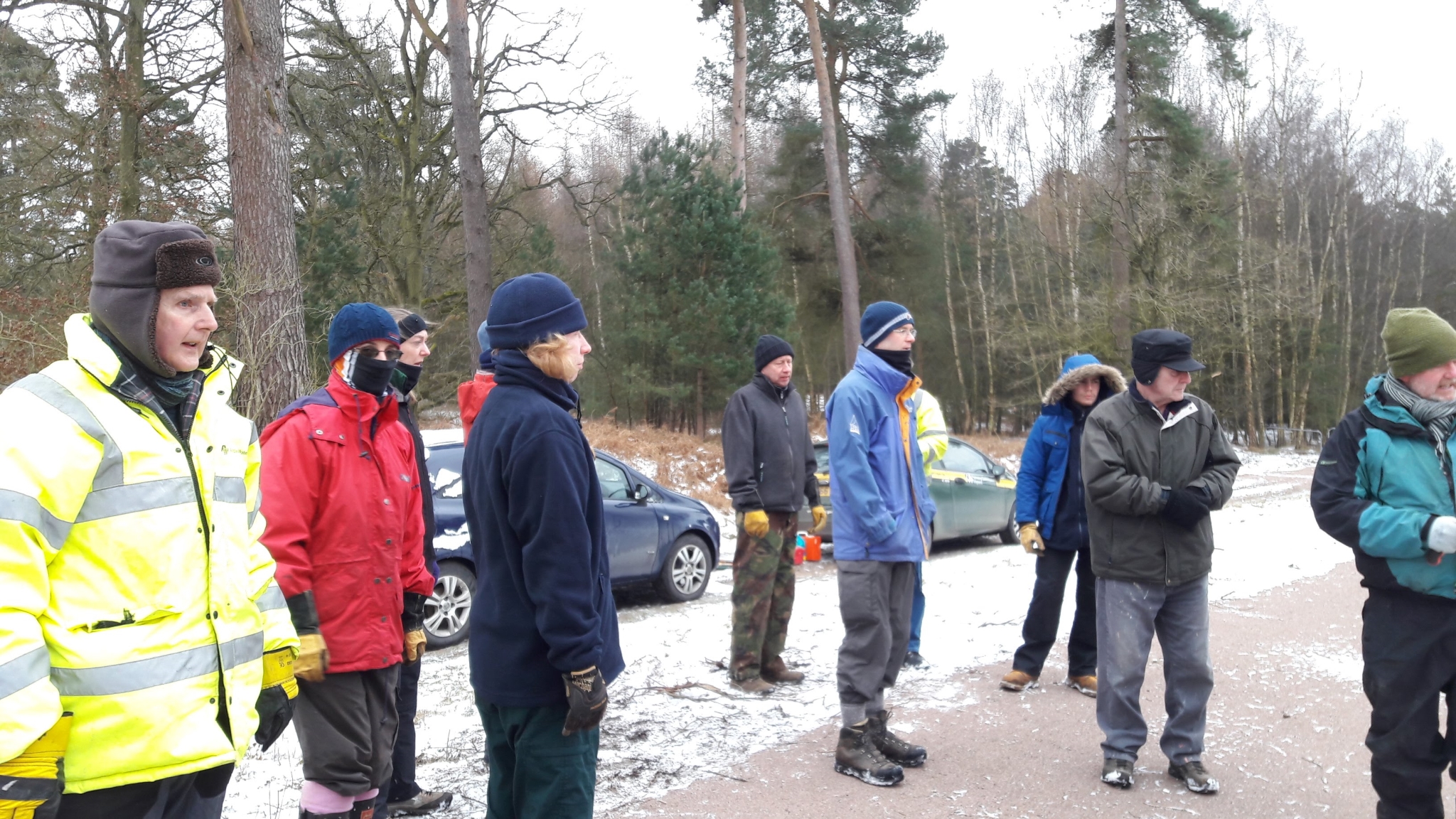 A photo from the FoTF Conservation Event - March 2018 - Birch Coppicing at High Lodge : Volunteers gather for a briefing