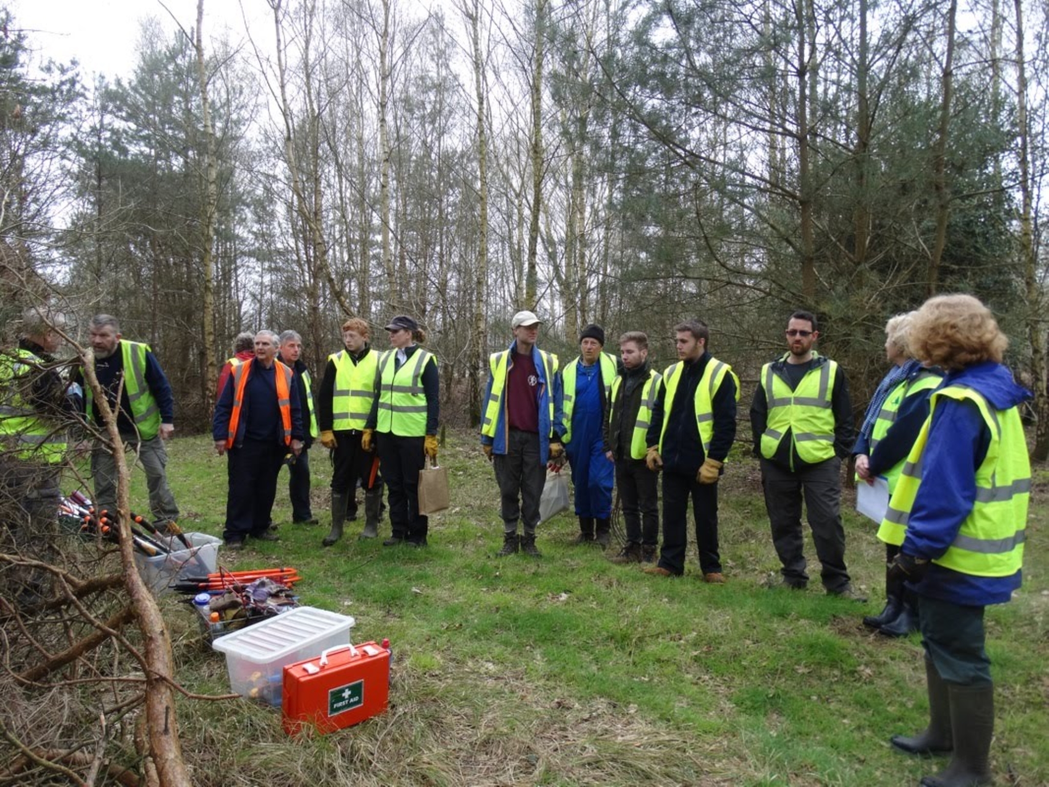A photo from the FoTF Conservation Event - April 2018 - Improving habitat at High Lodge : Volunteers gather for a briefing
