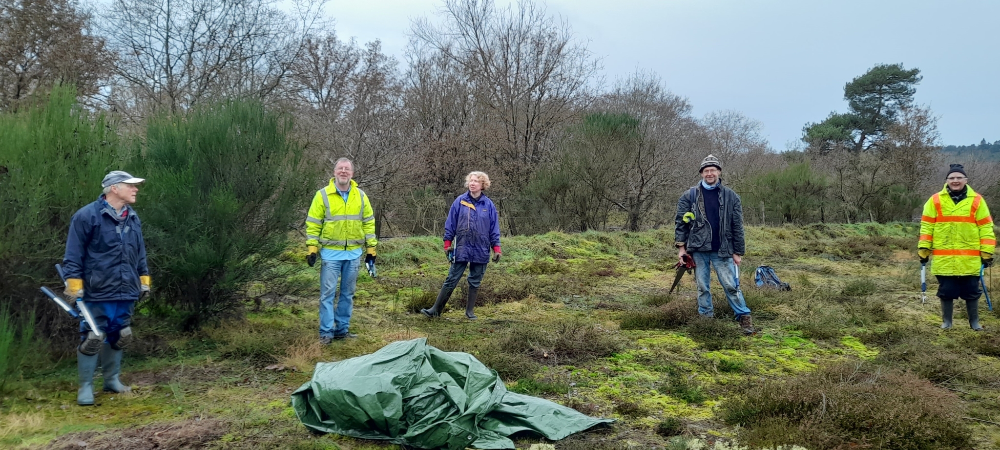 A photo from the FoTF Conservation Event - December 2020 - Broom Removal at Santon Street, Santon Downham : Group photo of some of the socially distanced volunteers